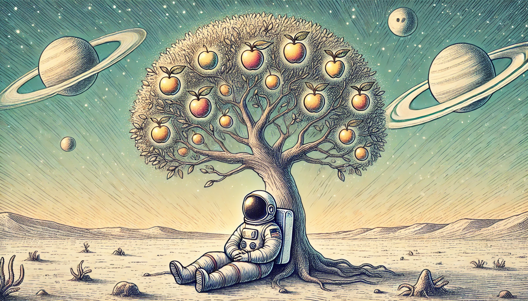An astronaut contemplating underneath a space tree