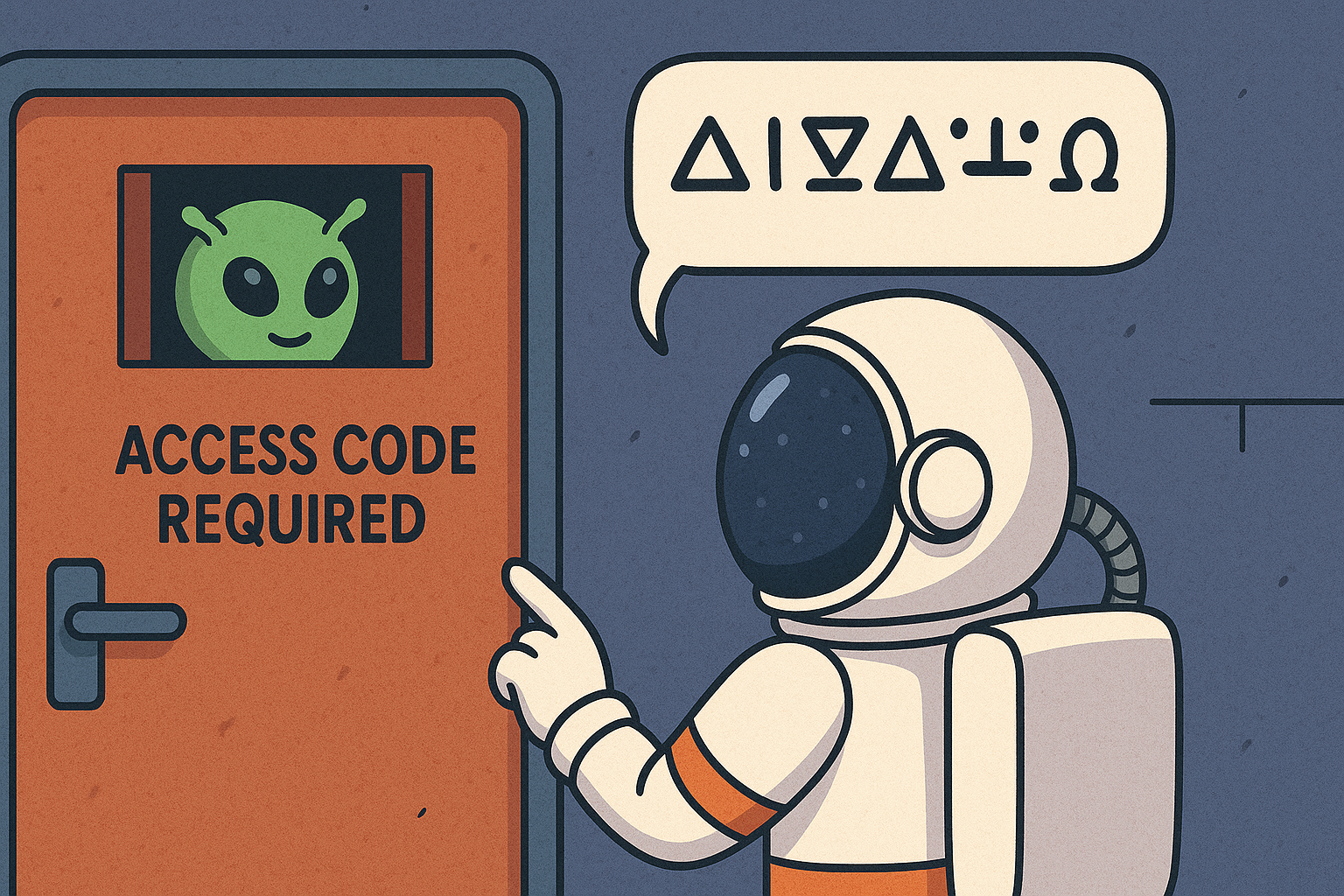 An astronaut gives a secret access code to an alien looking through a peek hole of a closed door