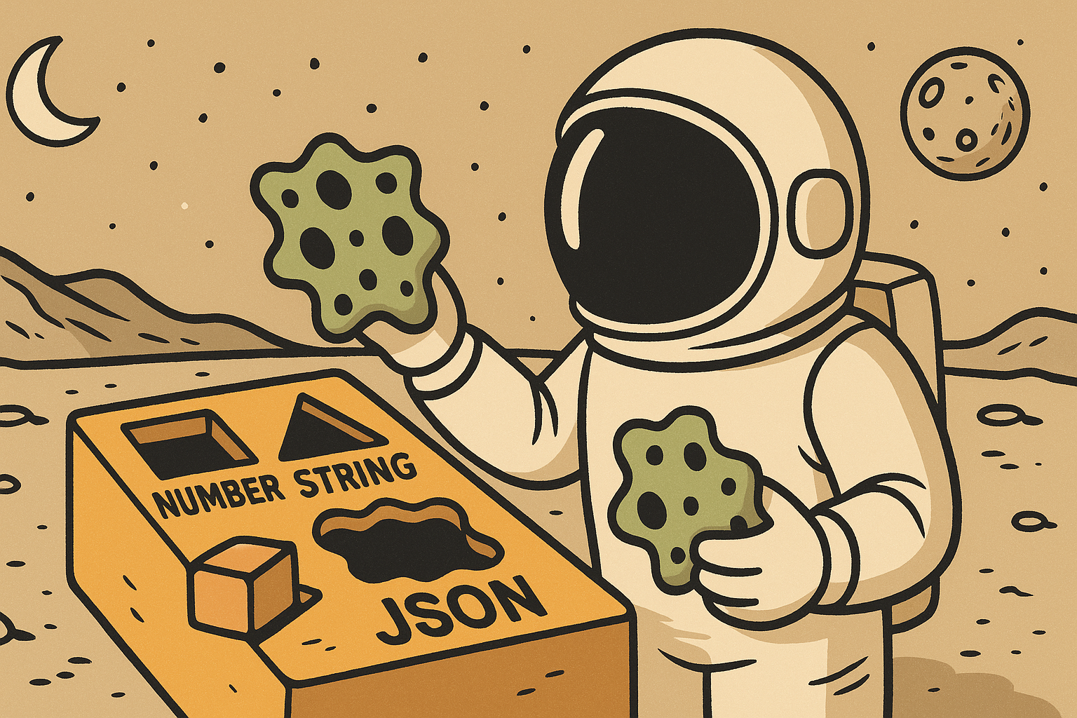 An astronaut attempts to place an irregular MoonRock into a box with holes for strings, numbers and JSON.