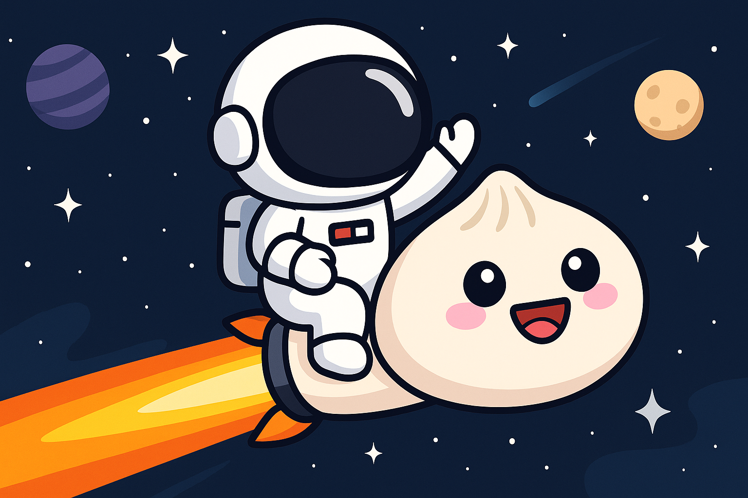 An astronaut rides a rocket with a Bun for a face.