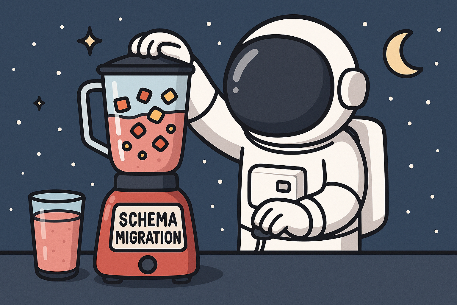 An astronaut makes a smoothie with the label "SCHEMA MIGRATION".