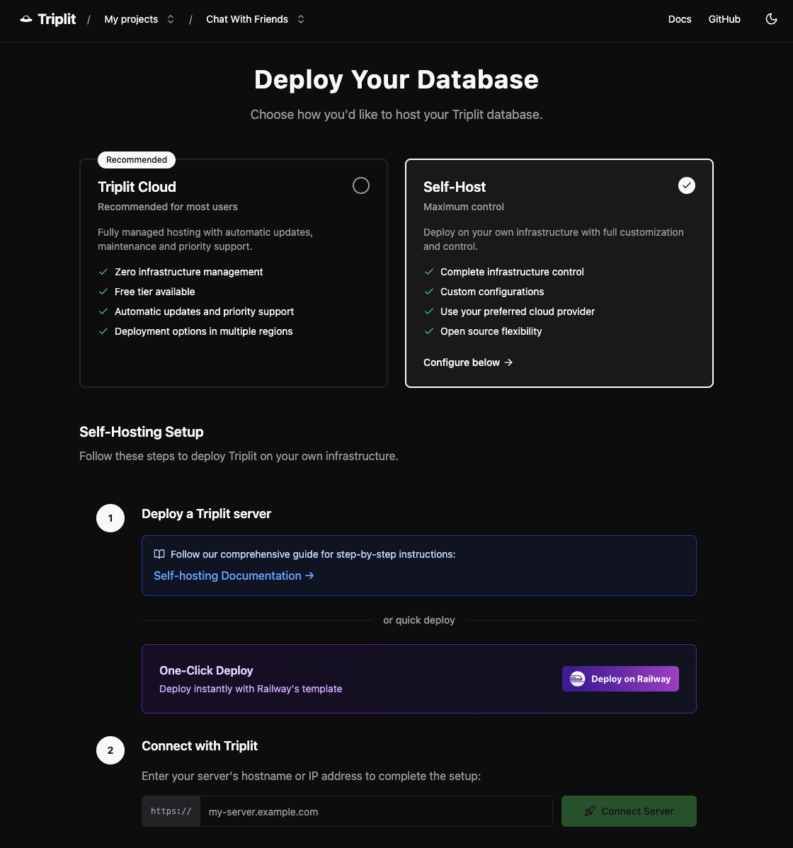 Dashboard instructions for self-hosting Triplit