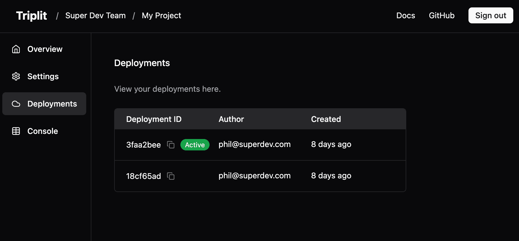 The Triplit Dashboard (deployments page)